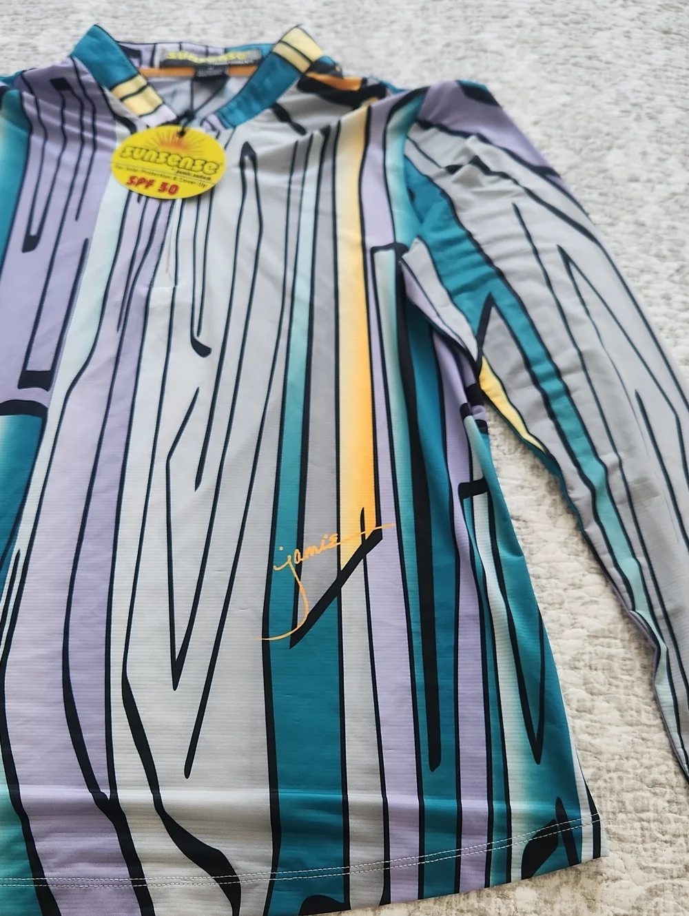jamie sadock sunsense Lavender & Teal Geometric Zip-Front Long Sleeve Polo - Picture 5 of 6